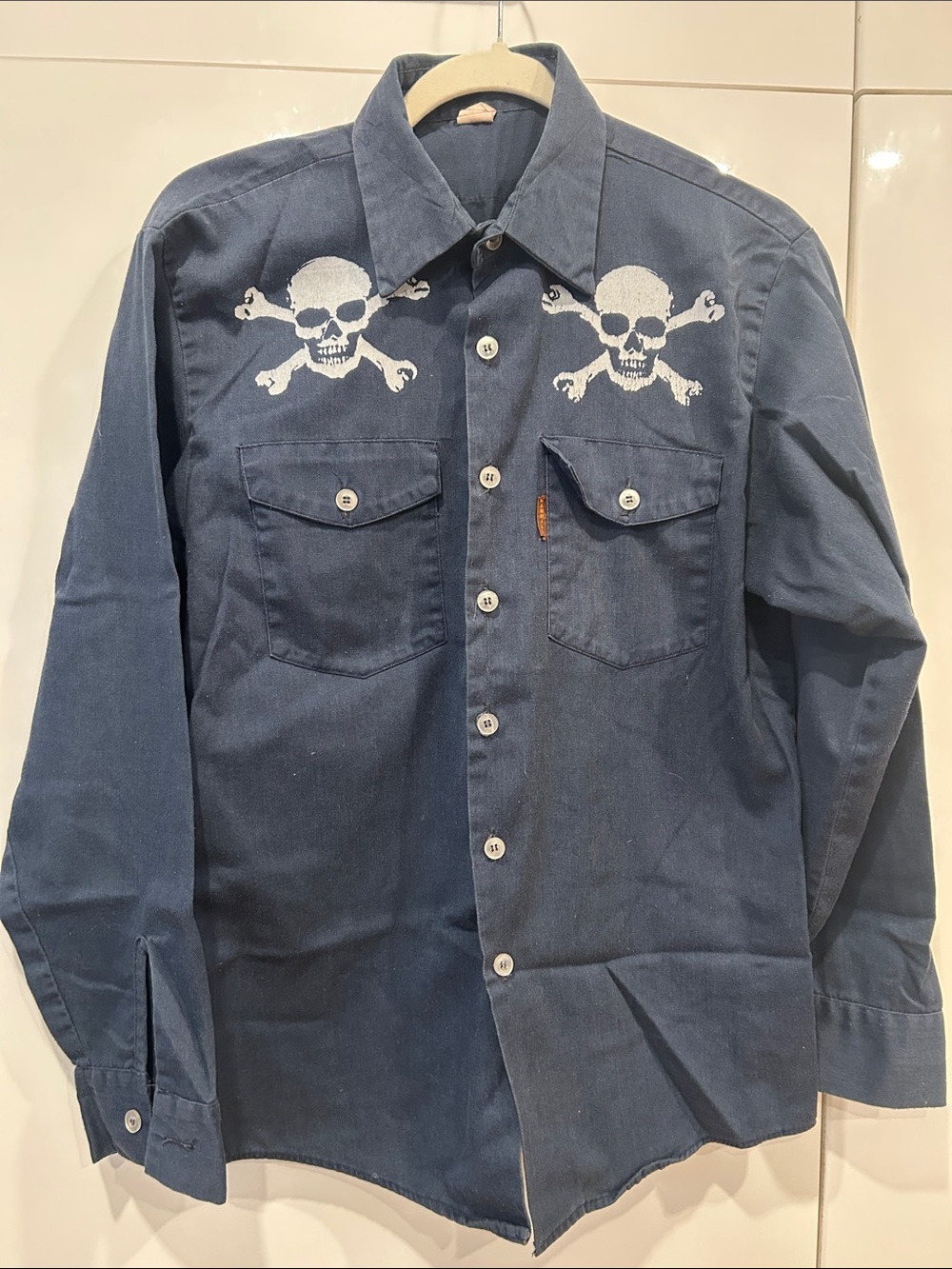 Men's Hand Silk Screened Navy Blue Skull Graphic on Vintage Hammill Shirt